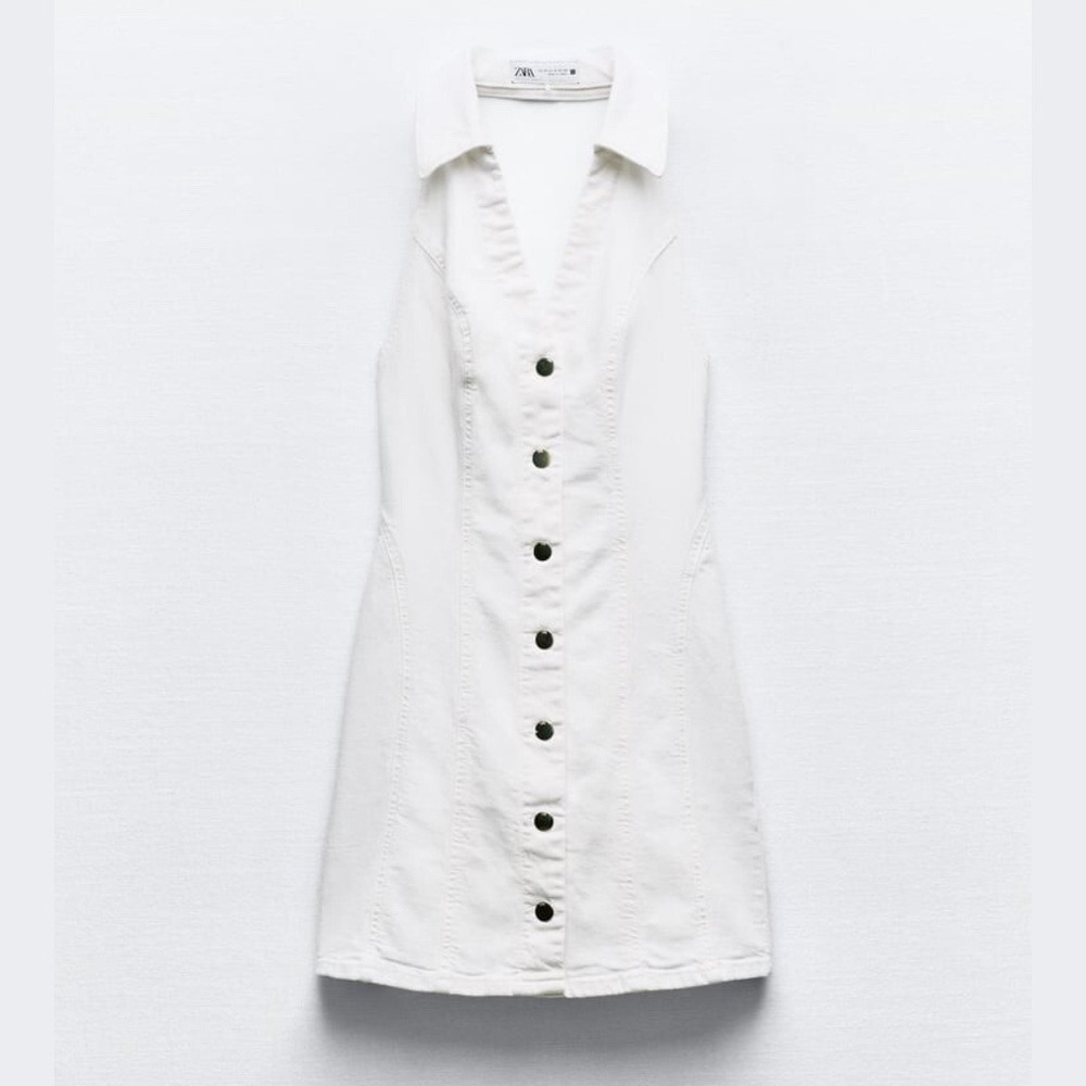 Zara | Z1975 White Denim Halter Button Front Mini Dress | 6147/123/250